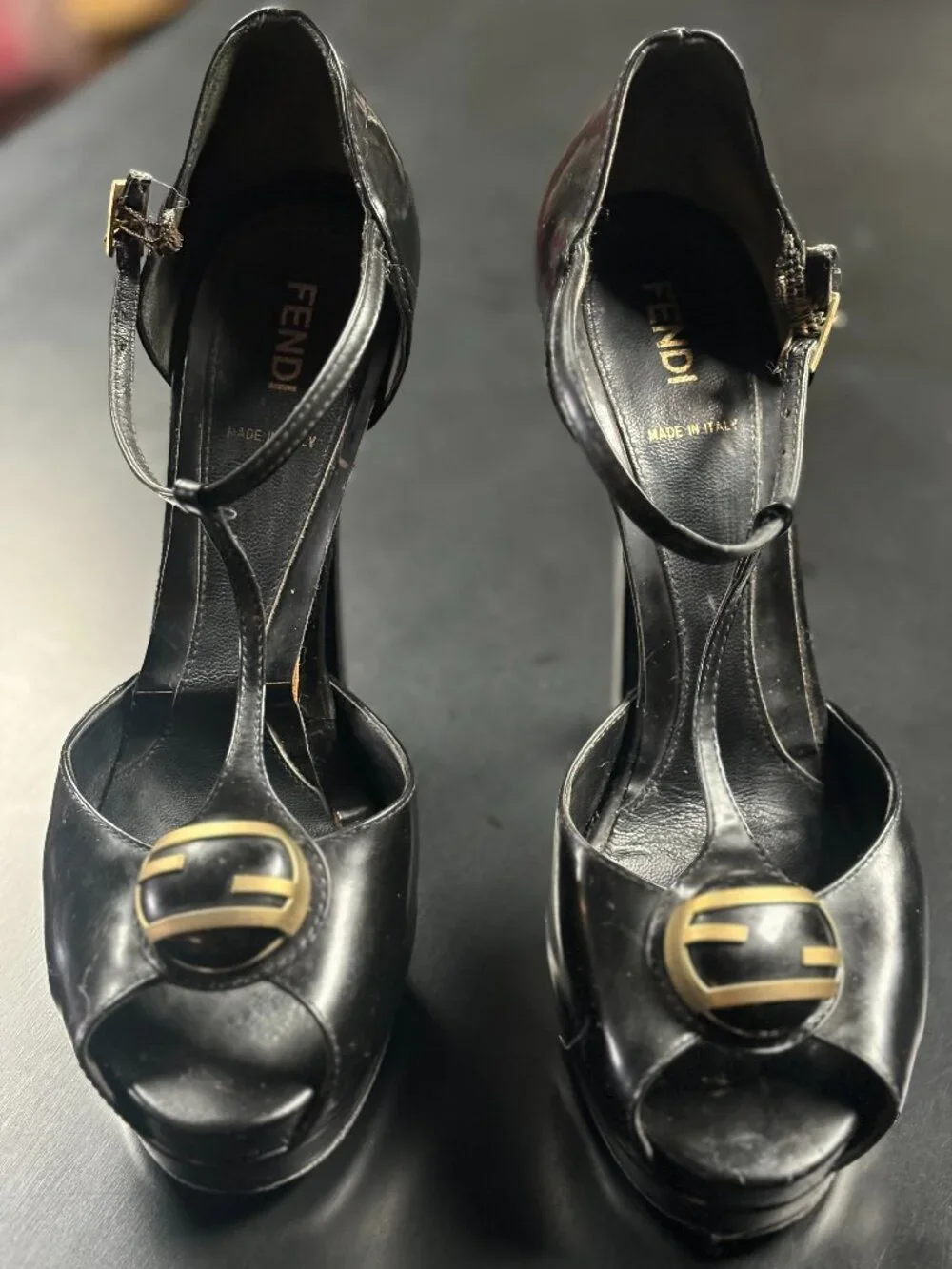 Fendi Black Patent Leather T-Strap Peep-Toe Platform Size 39